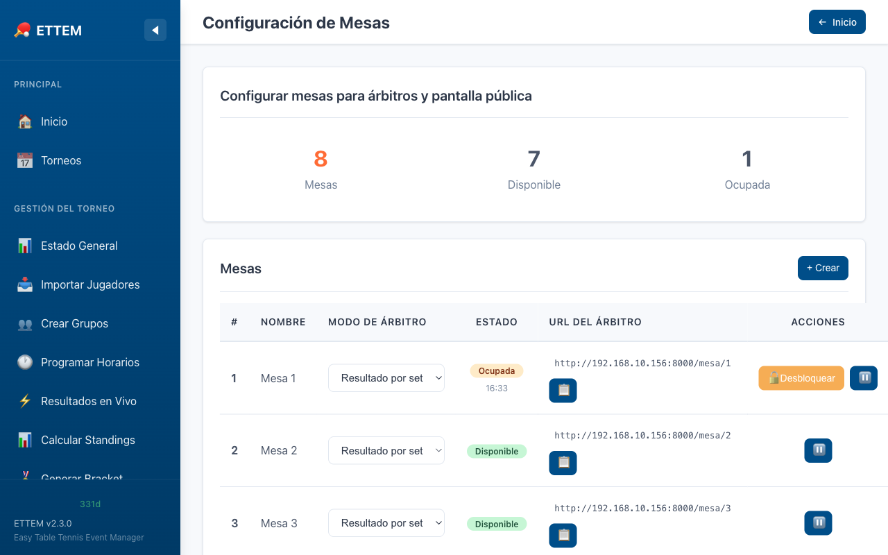 Panel de configuracion de mesas